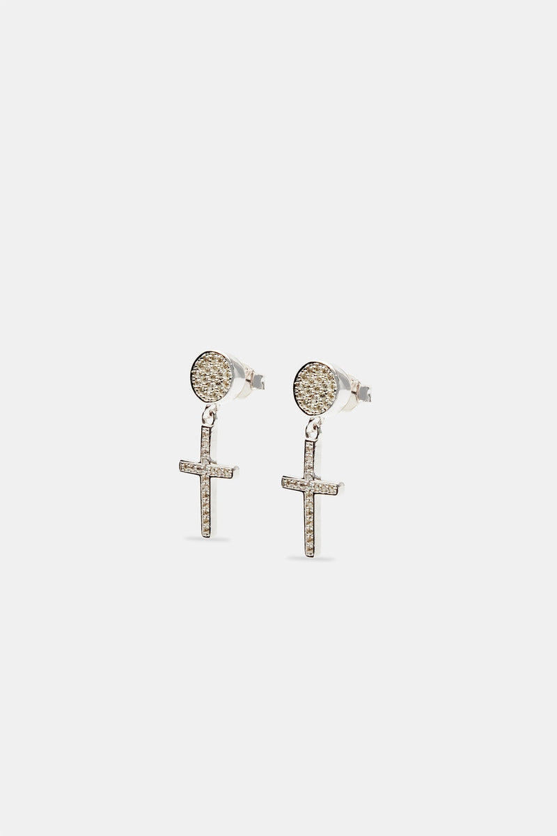 Iced Cross Drop Stud Earrings - White