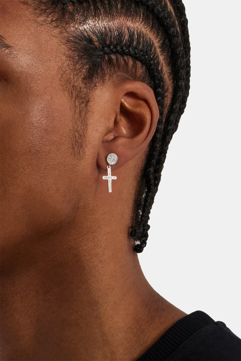 Iced Cross Drop Stud Earrings - White