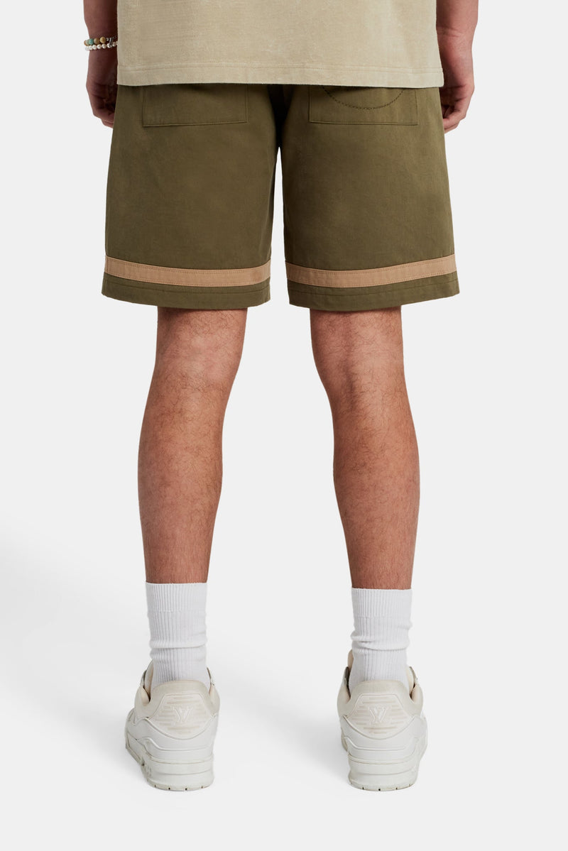 Text Panelled Shorts - Khaki