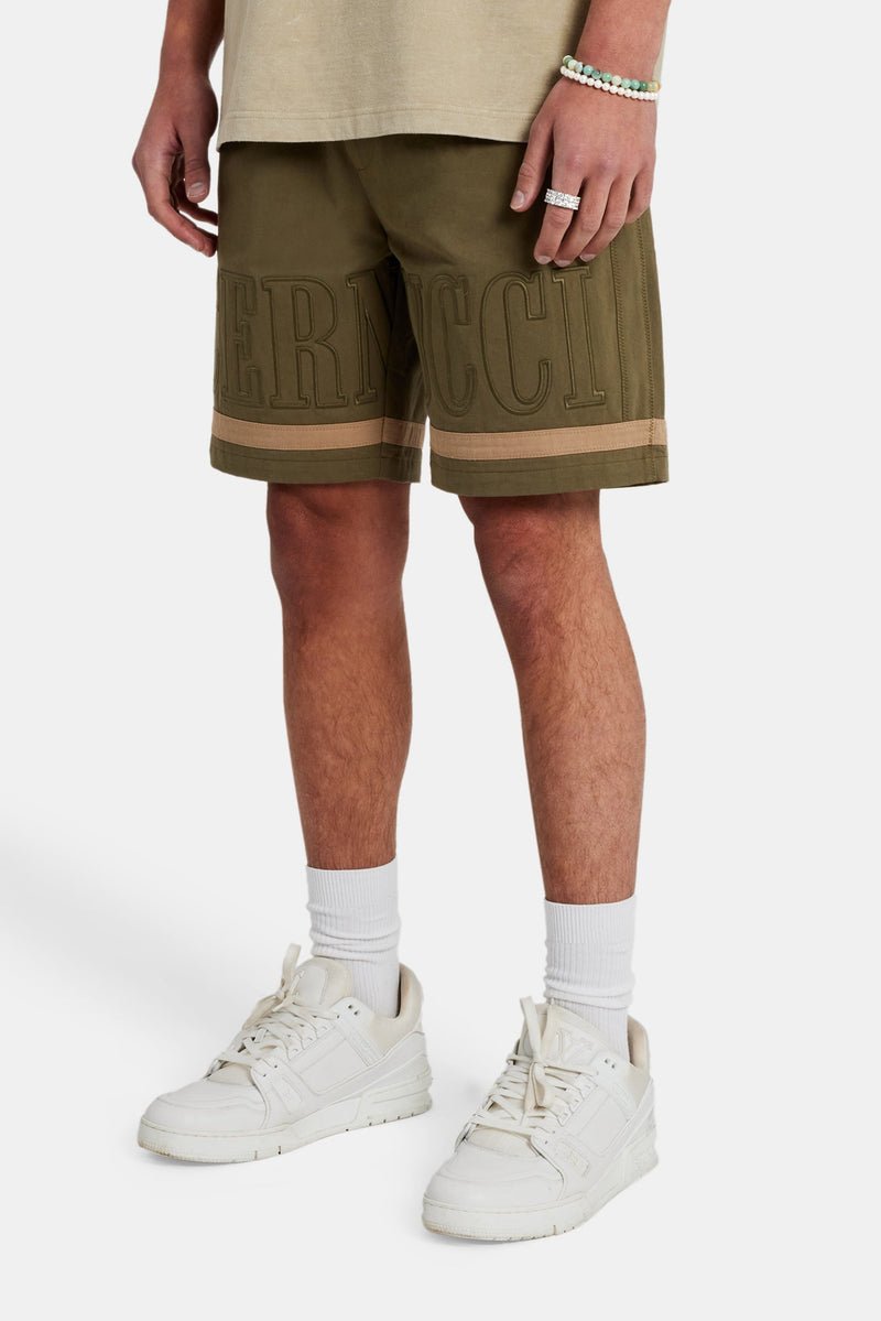 Text Panelled Shorts - Khaki