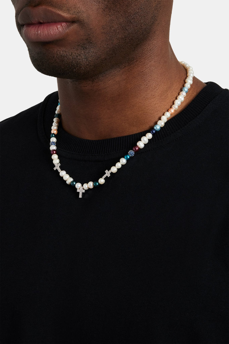 Iced Cross Freshwater Pearl Bead Necklace