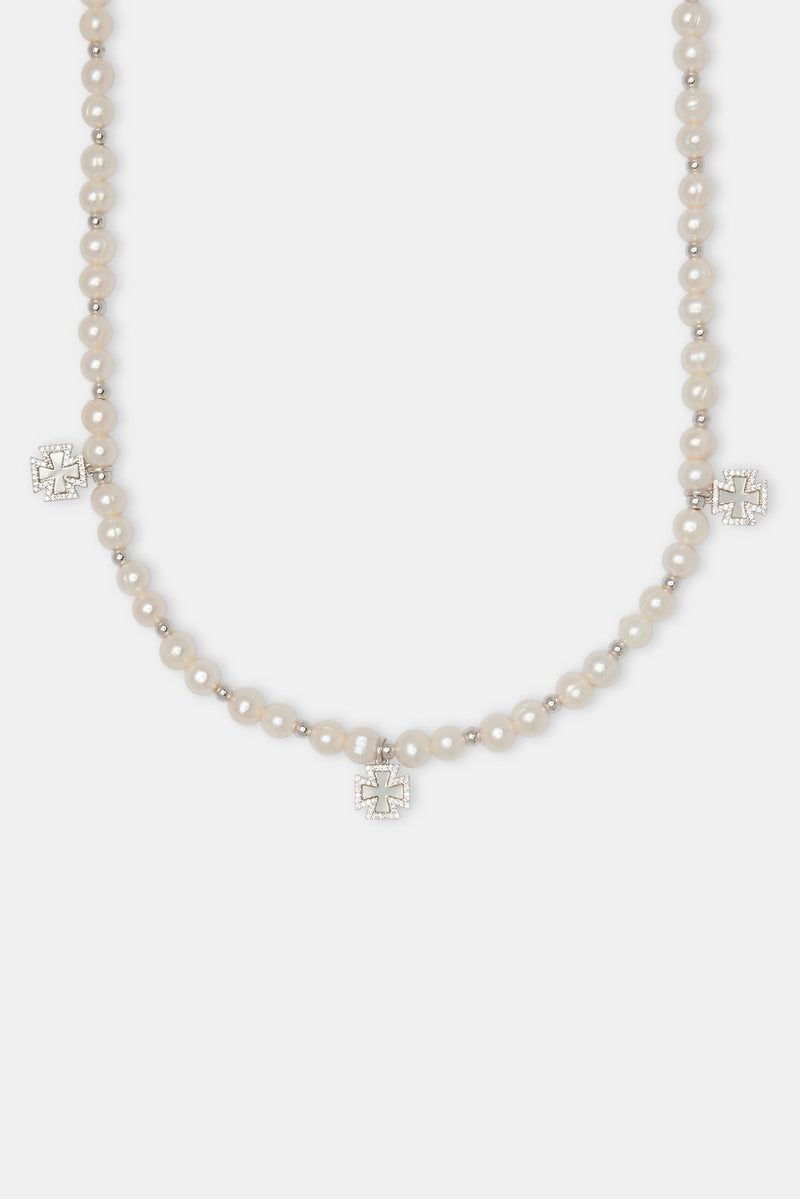 Iced Cross Motif Freshwater Pearl Necklace - 6mm