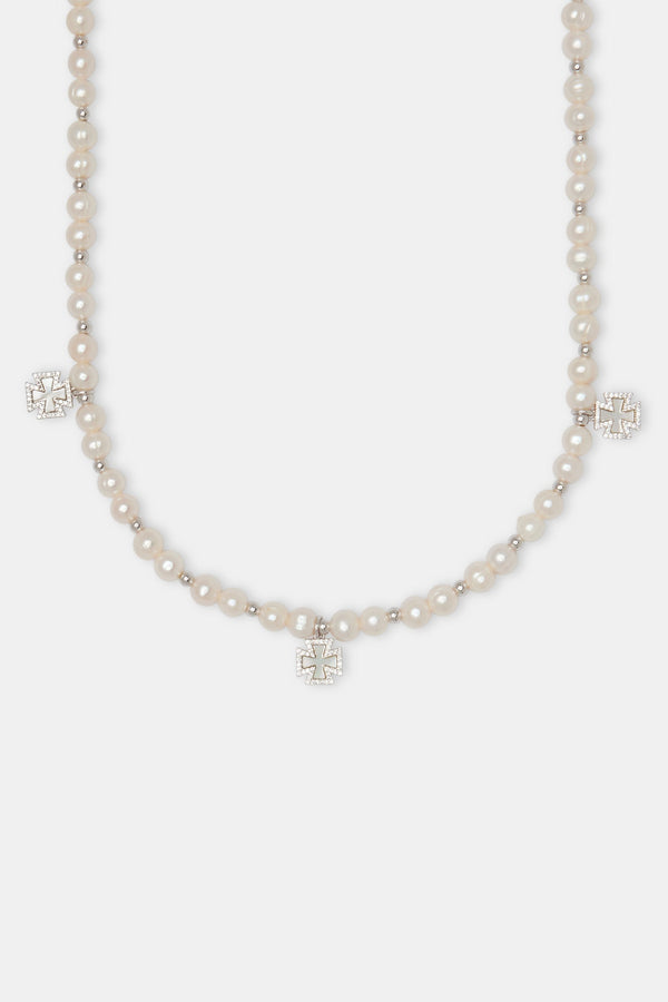 Iced Cross Motif Freshwater Pearl Necklace - 6mm