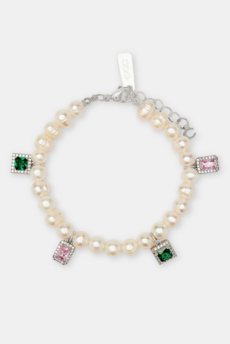 Pink & Green Mixed Gem Freshwater Pearl Bracelet - 6mm