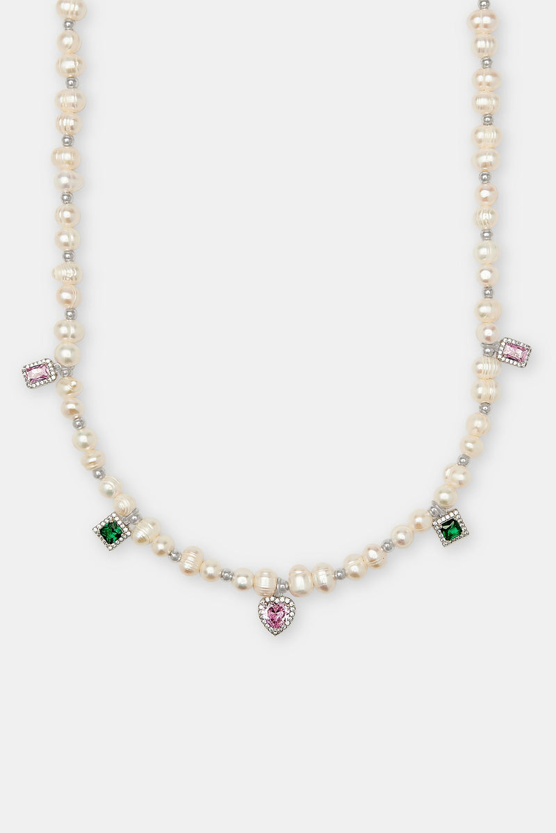 Pink & Green Mixed Gem Freshwater Pearl Necklace - 6mm