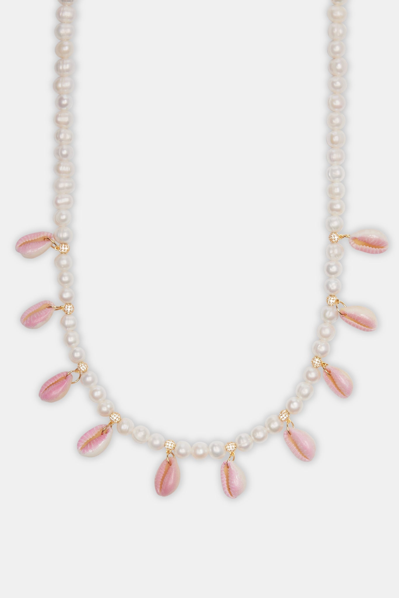 Freshwater Pearl Pink Cowrie Shell Necklace - Gold - 6mm