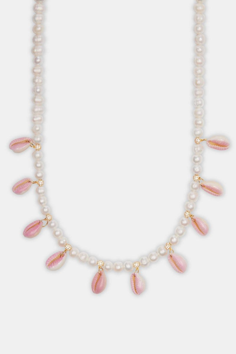 Freshwater Pearl Pink Cowrie Shell Necklace - Gold