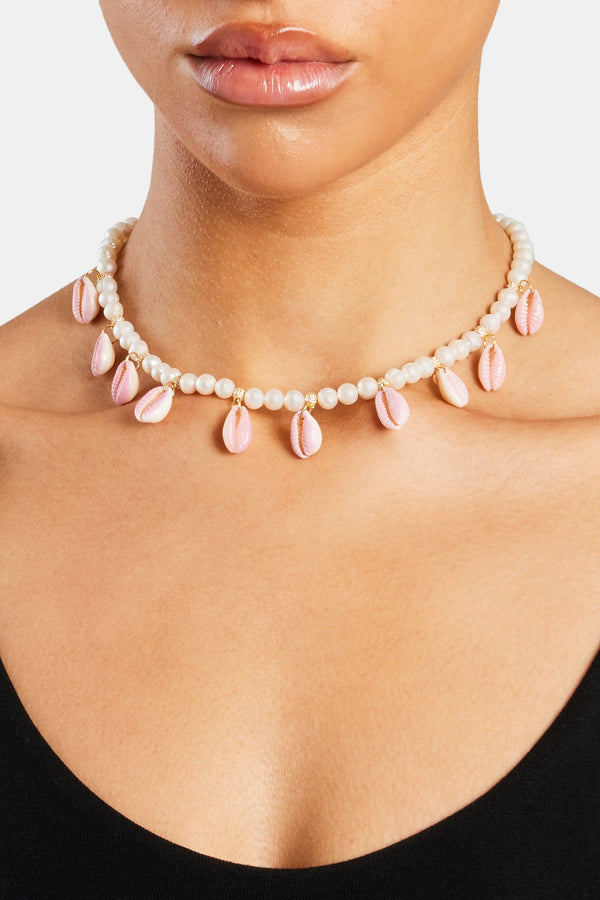 Freshwater Pearl Pink Cowrie Shell Necklace - Gold