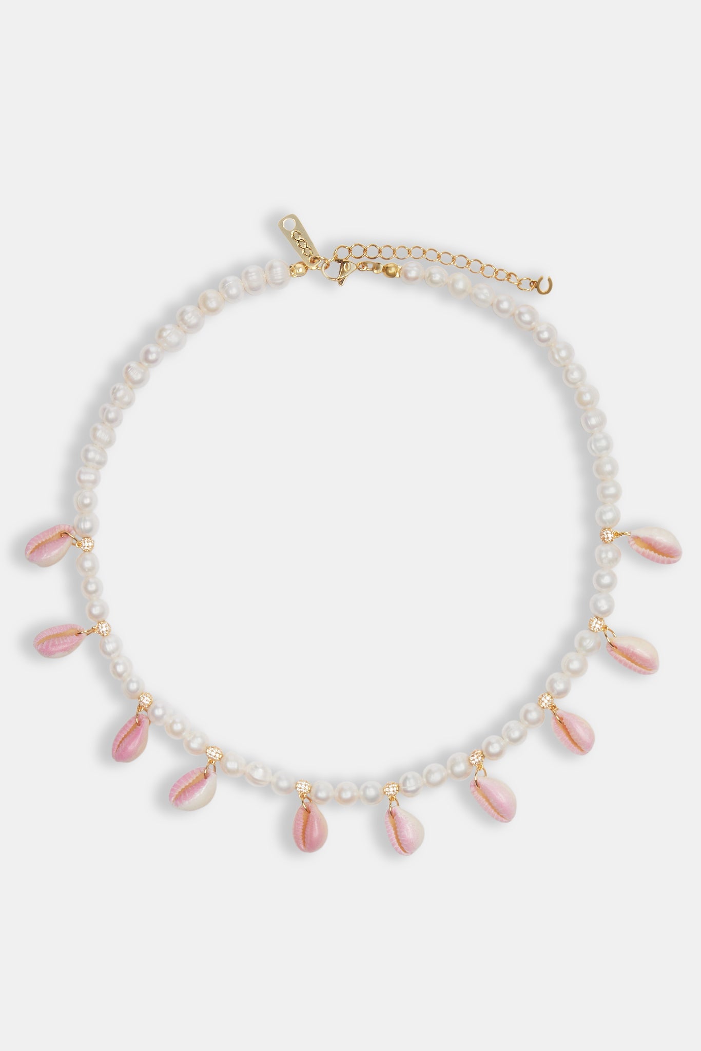 Freshwater Pearl Pink Cowrie Shell Necklace - Gold - 6mm