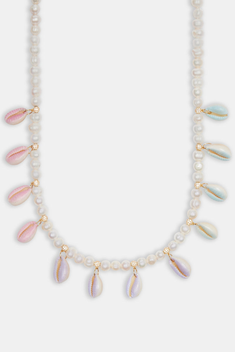 Freshwater Pearl Pastel Cowrie Shell Necklace - Gold