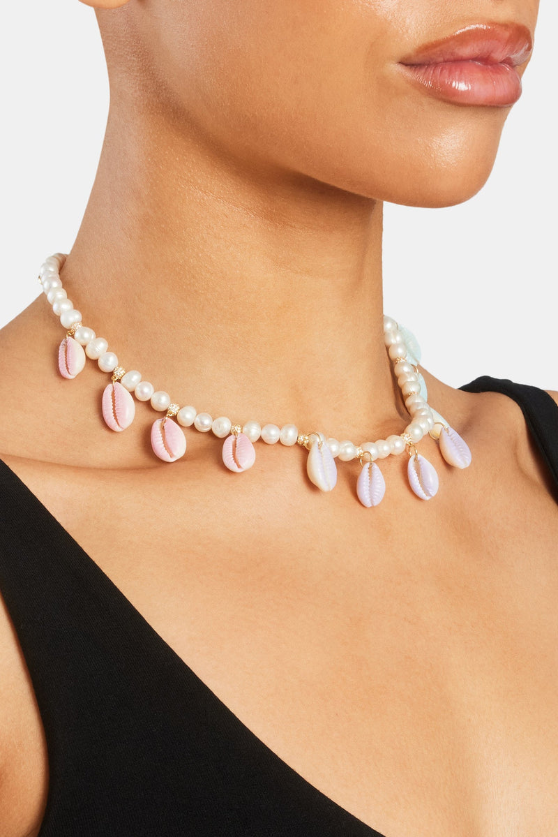 Freshwater Pearl Pastel Cowrie Shell Necklace - Gold