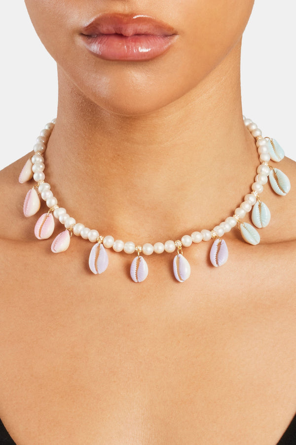 Freshwater Pearl Pastel Cowrie Shell Necklace - Gold