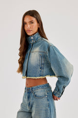 Super Crop Funnel Neck Denim Jacket - Antique Wash