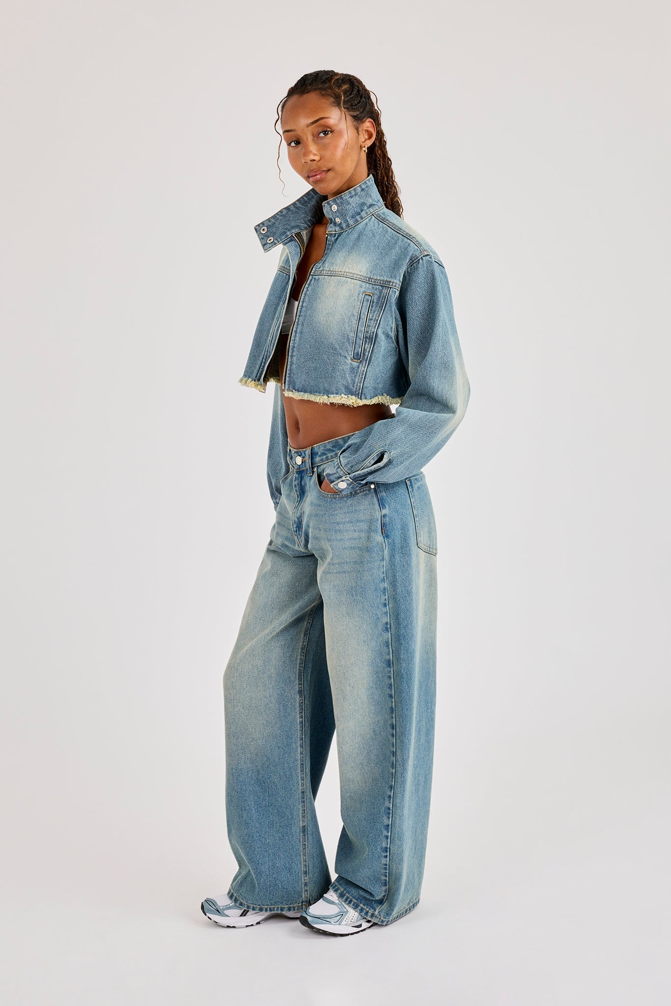 Super Crop Funnel Neck Denim Jacket & Jean - Antique Wash