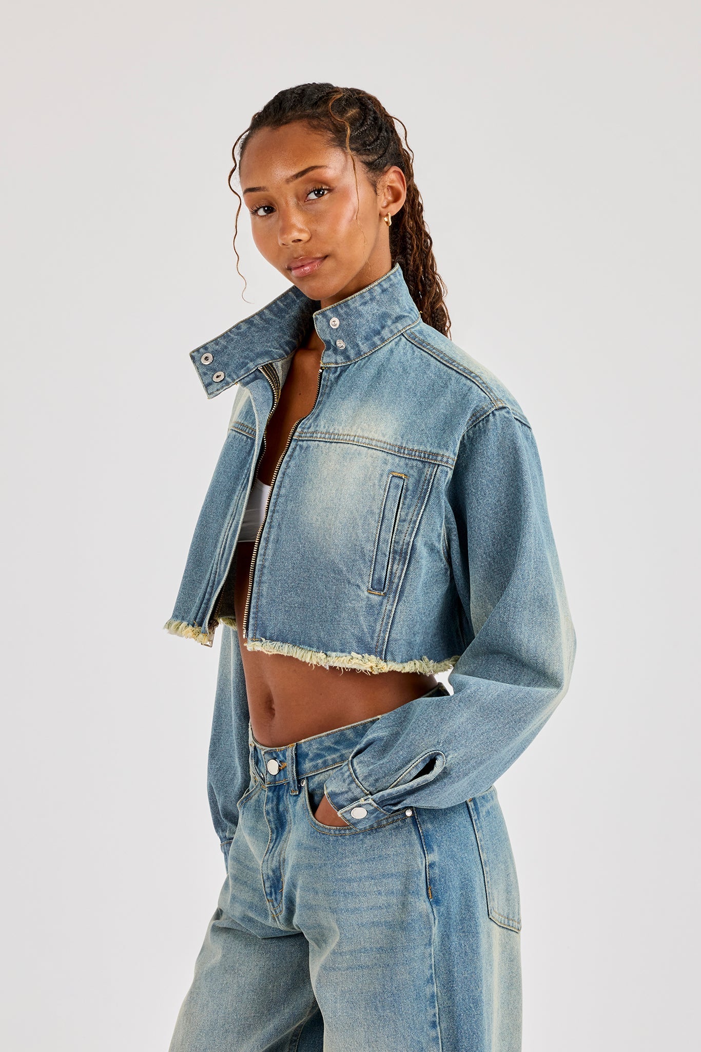 Super Crop Funnel Neck Denim Jacket - Antique Wash