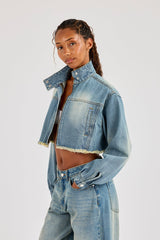 Super Crop Funnel Neck Denim Jacket - Antique Wash