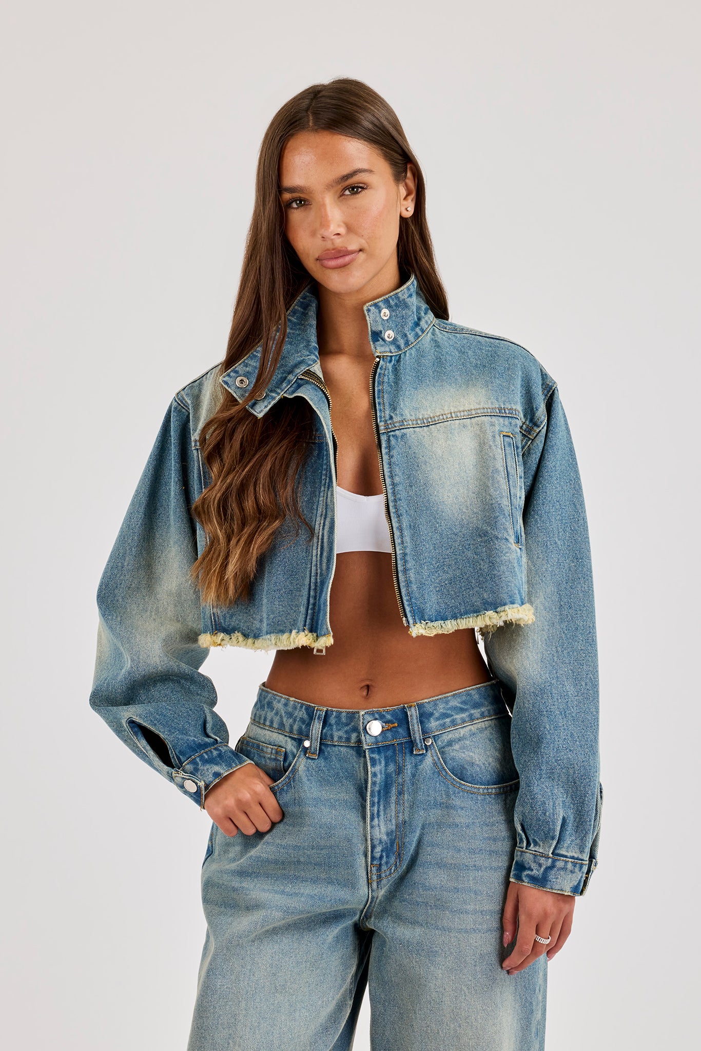 Super Crop Funnel Neck Denim Jacket - Antique Wash