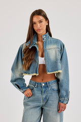 Super Crop Funnel Neck Denim Jacket - Antique Wash