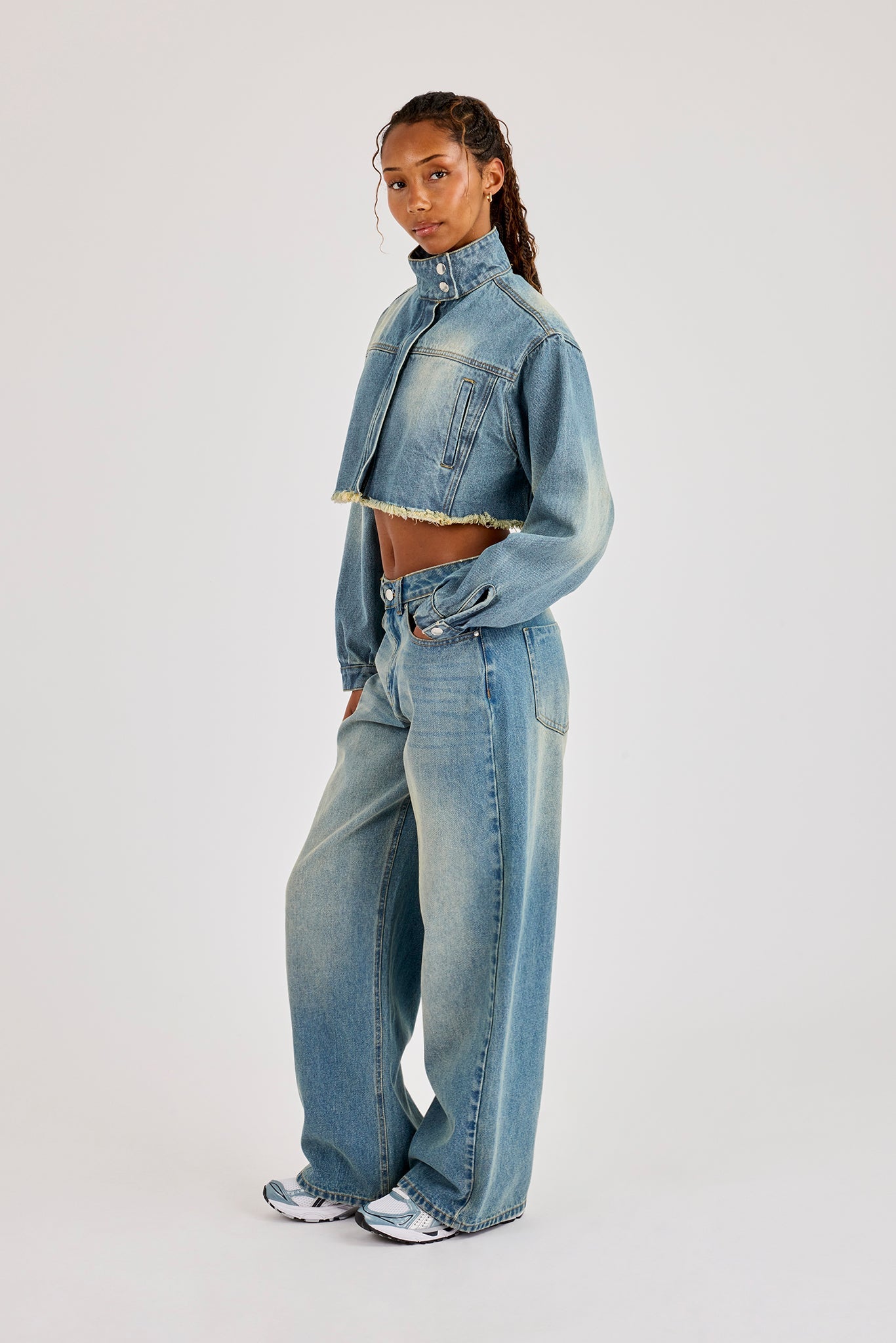 Super Crop Funnel Neck Denim Jacket & Jean - Antique Wash