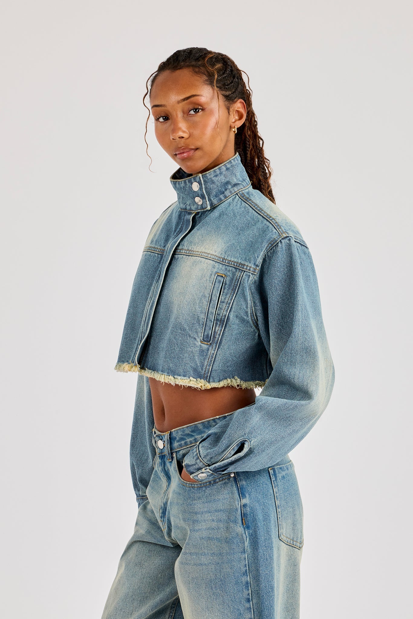 Super Crop Funnel Neck Denim Jacket - Antique Wash
