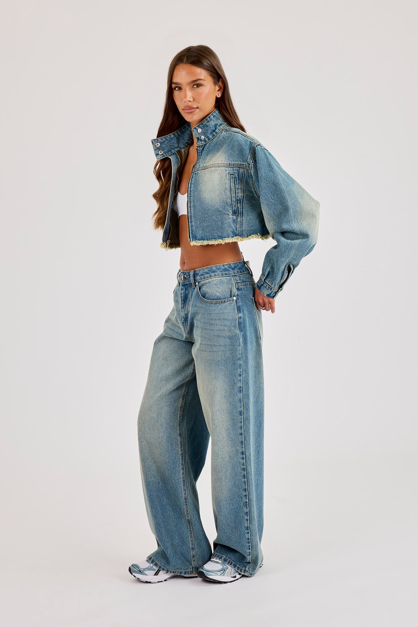 Super Crop Funnel Neck Denim Jacket & Jean - Antique Wash