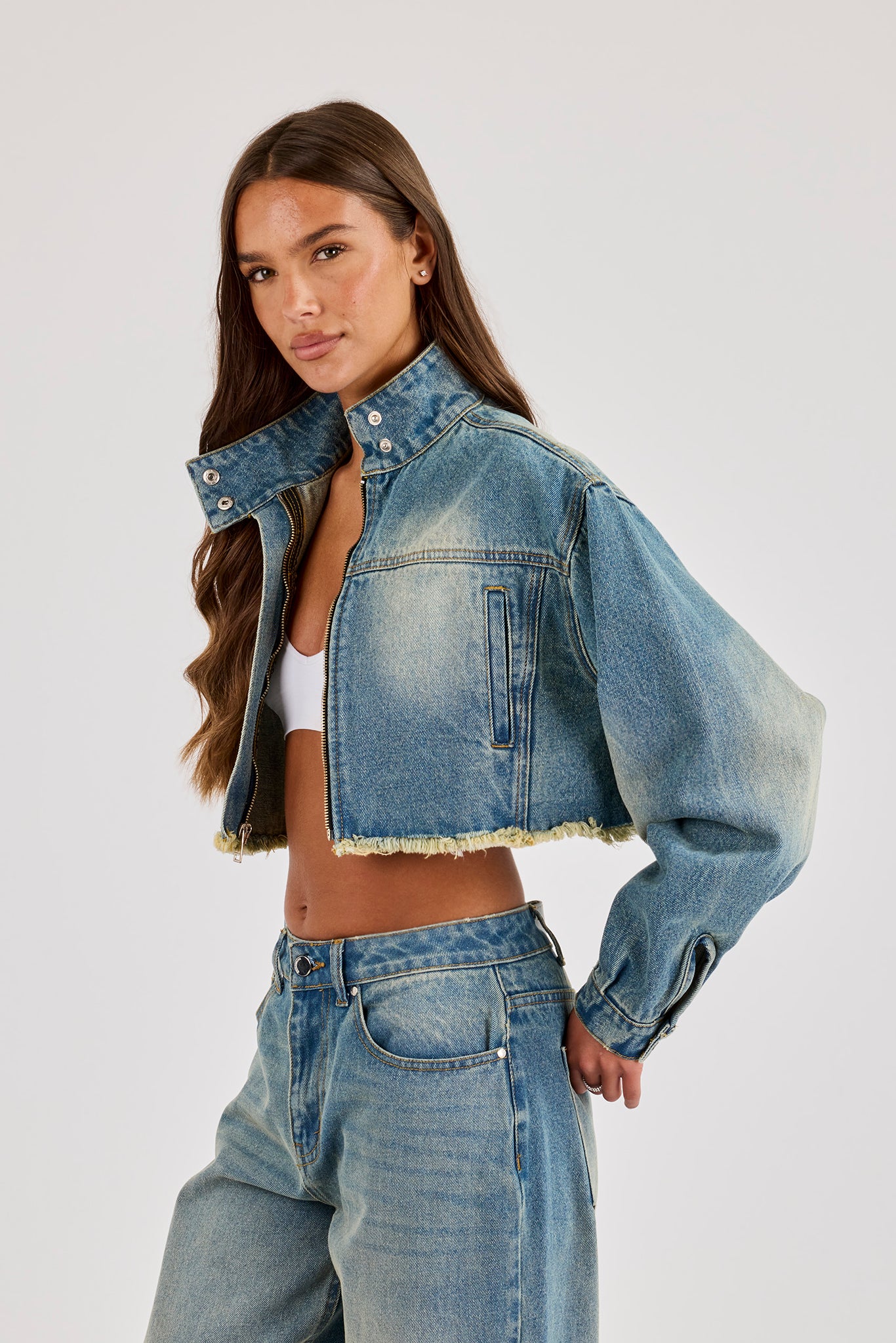 Super Crop Funnel Neck Denim Jacket - Antique Wash