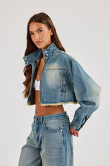 Super Crop Funnel Neck Denim Jacket - Antique Wash