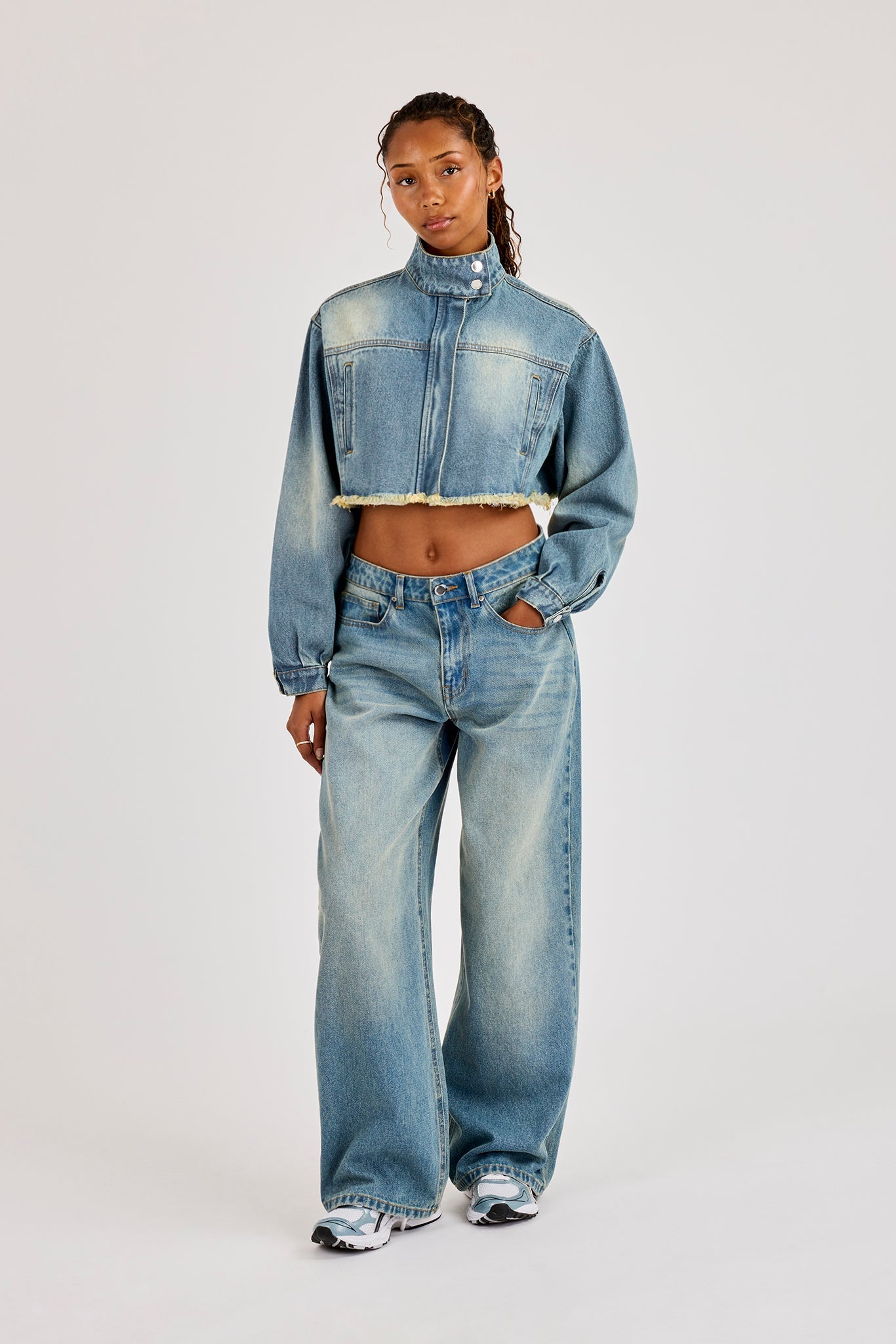 Super Crop Funnel Neck Denim Jacket - Antique Wash