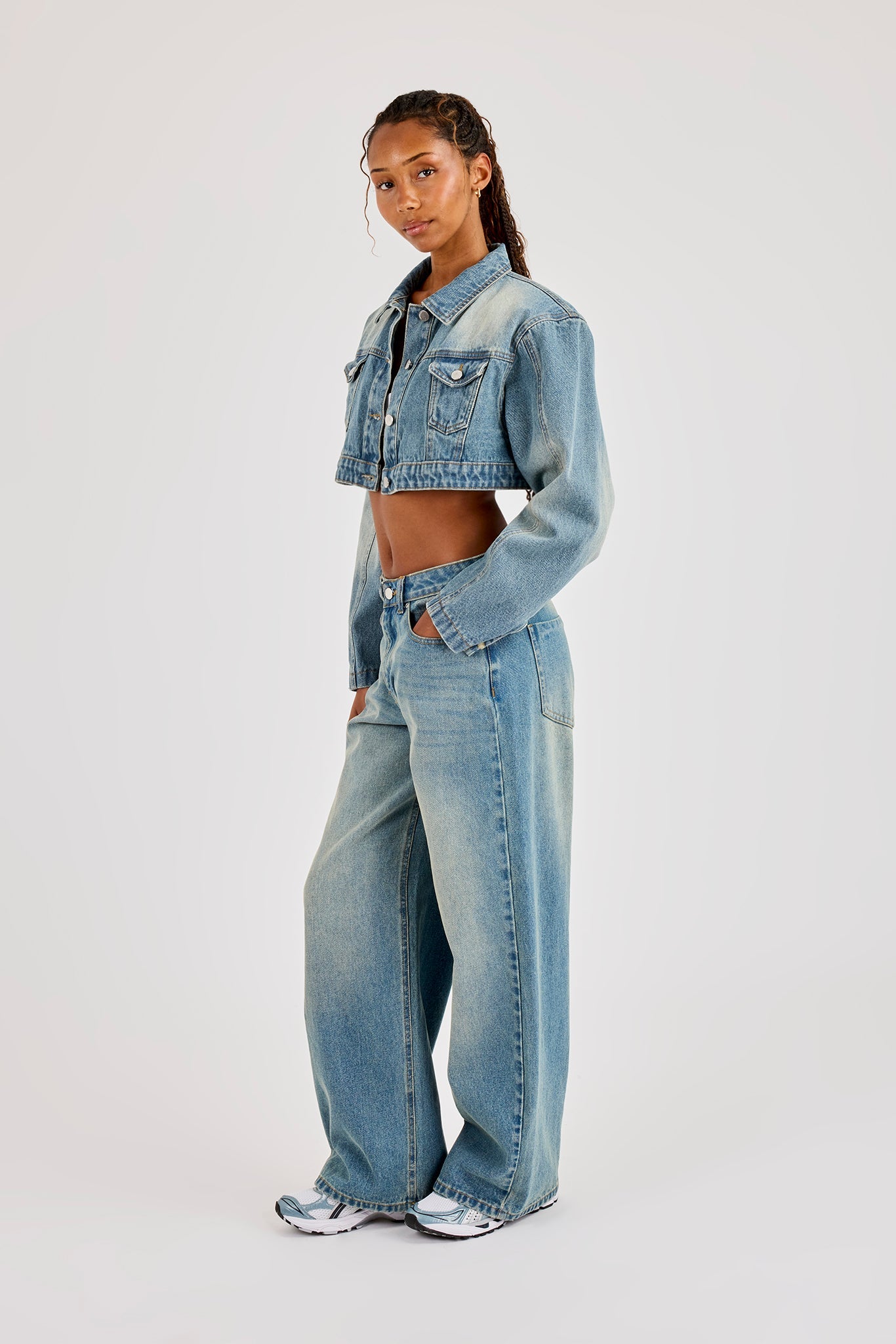 Super Crop Shoulder Pad Denim Jacket & Jean - Antique Wash