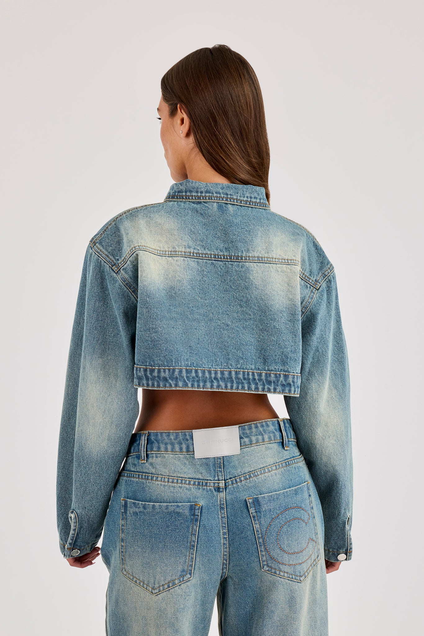 Cropped Shoulder Pad Denim Jacket - Antique Wash