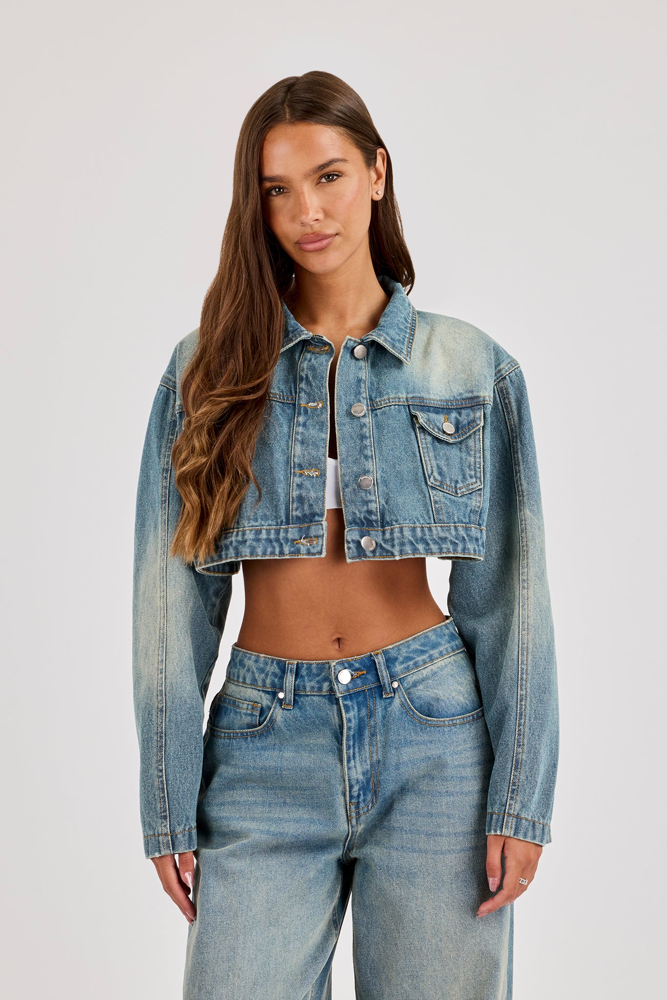 Super Crop Shoulder Pad Denim Jacket - Antique Wash