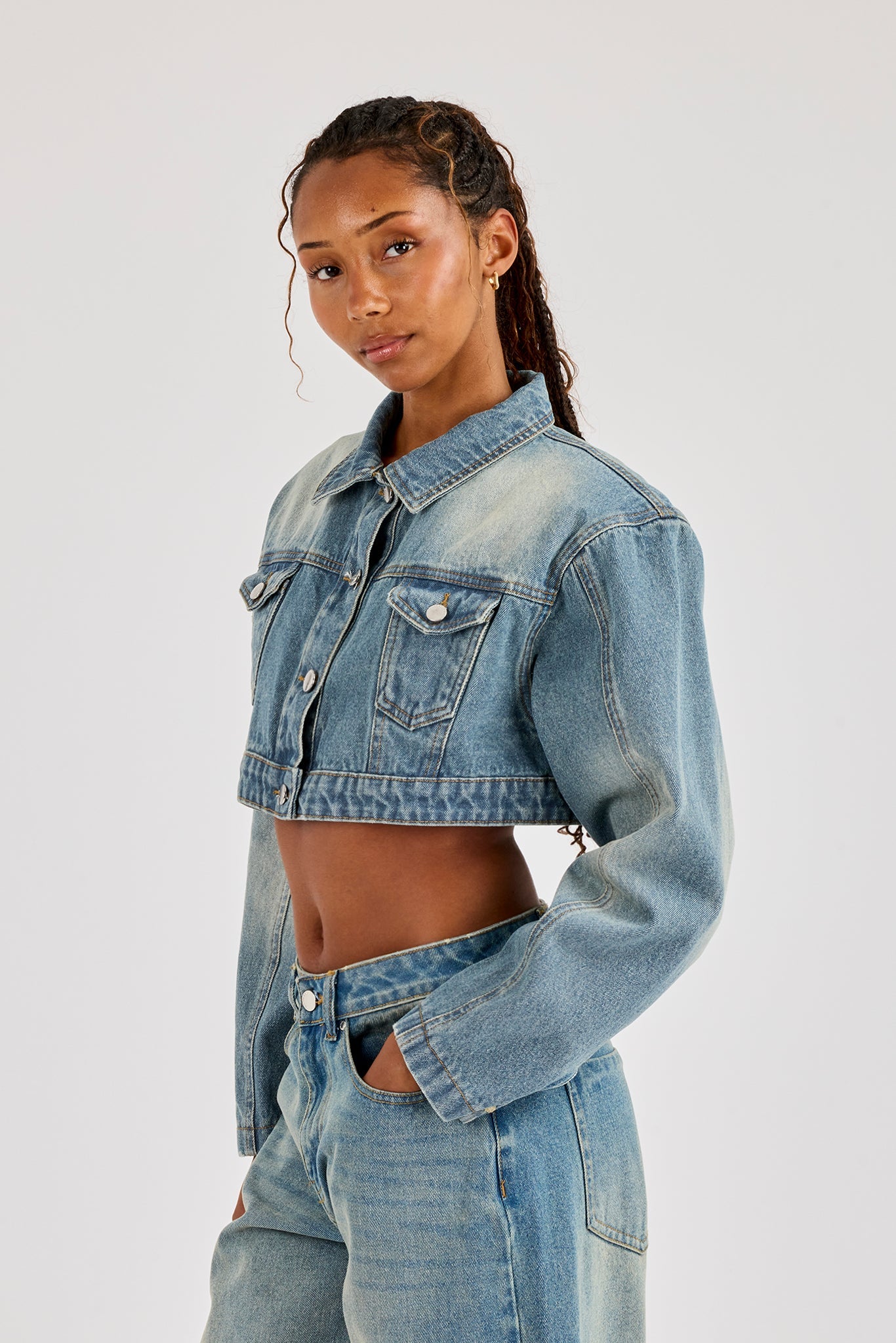 Super Crop Shoulder Pad Denim Jacket - Antique Wash