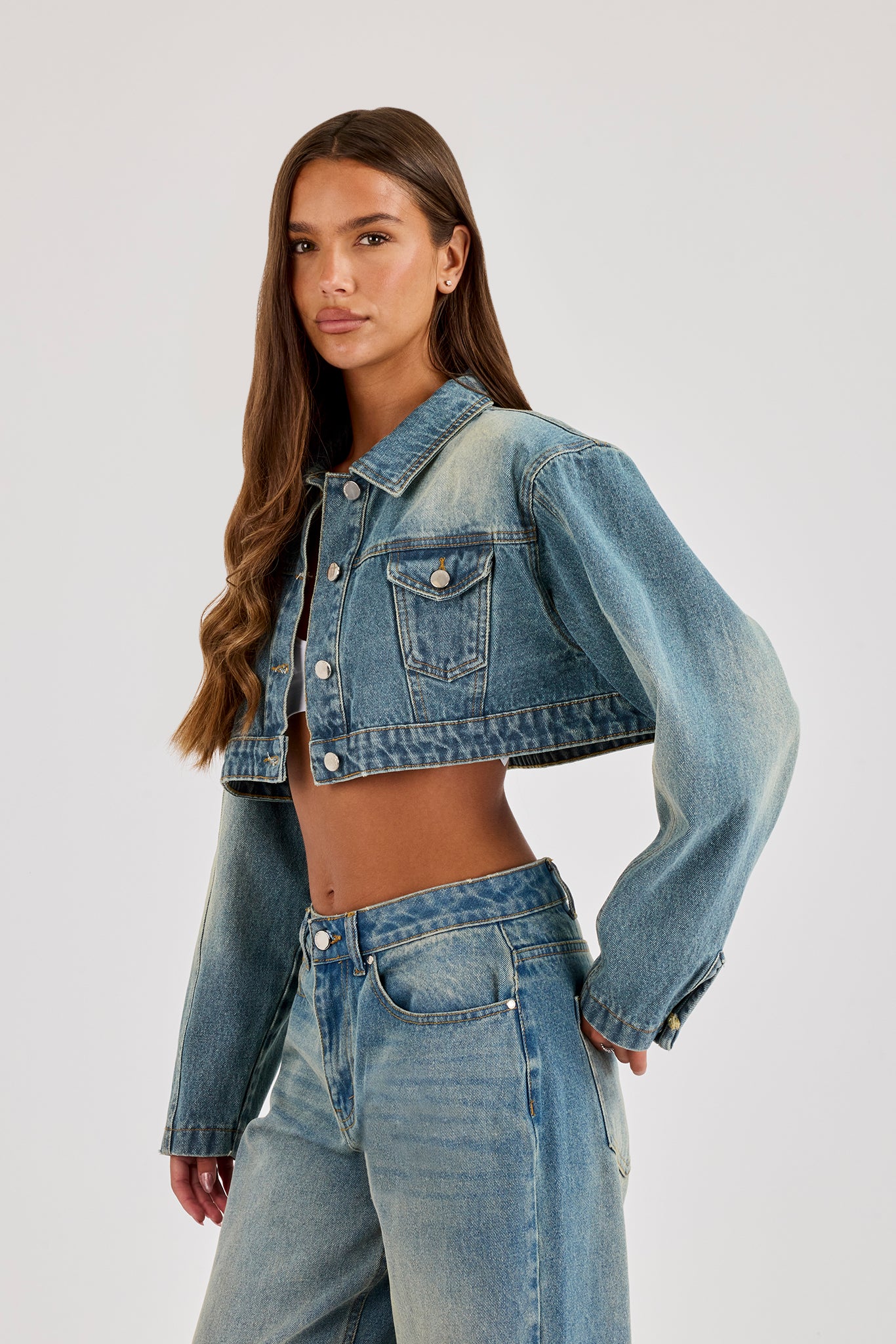 Super Crop Shoulder Pad Denim Jacket - Antique Wash