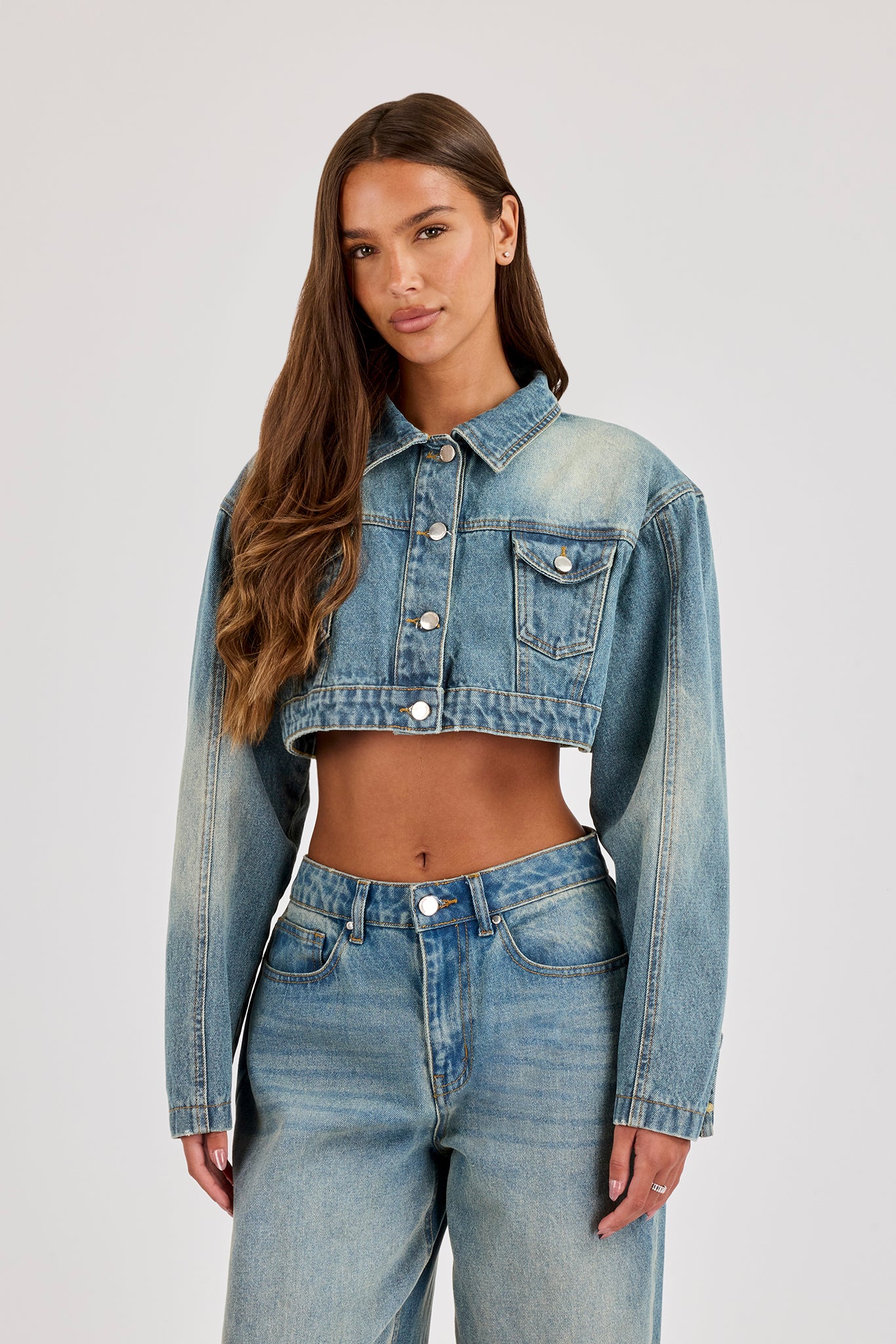 Cropped Shoulder Pad Denim Jacket - Antique Wash