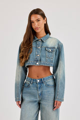 Cropped Shoulder Pad Denim Jacket - Antique Wash