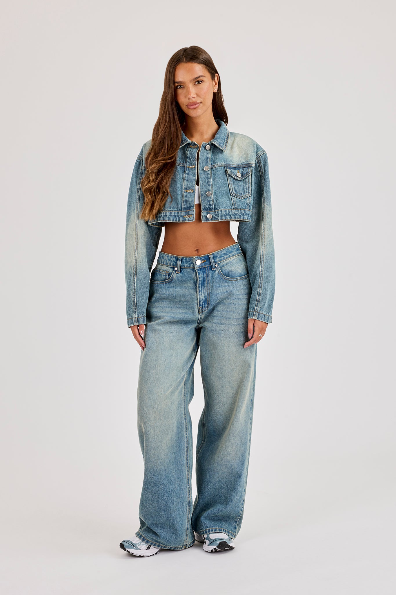 Super Crop Shoulder Pad Denim Jacket & Jean - Antique Wash