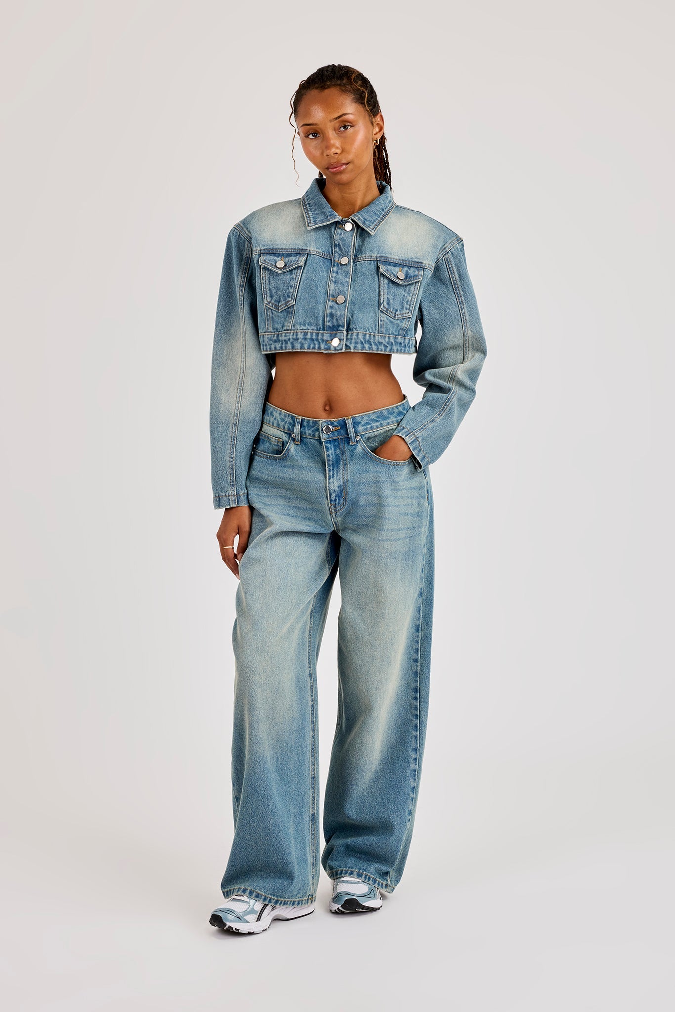 Super Crop Shoulder Pad Denim Jacket & Jean - Antique Wash