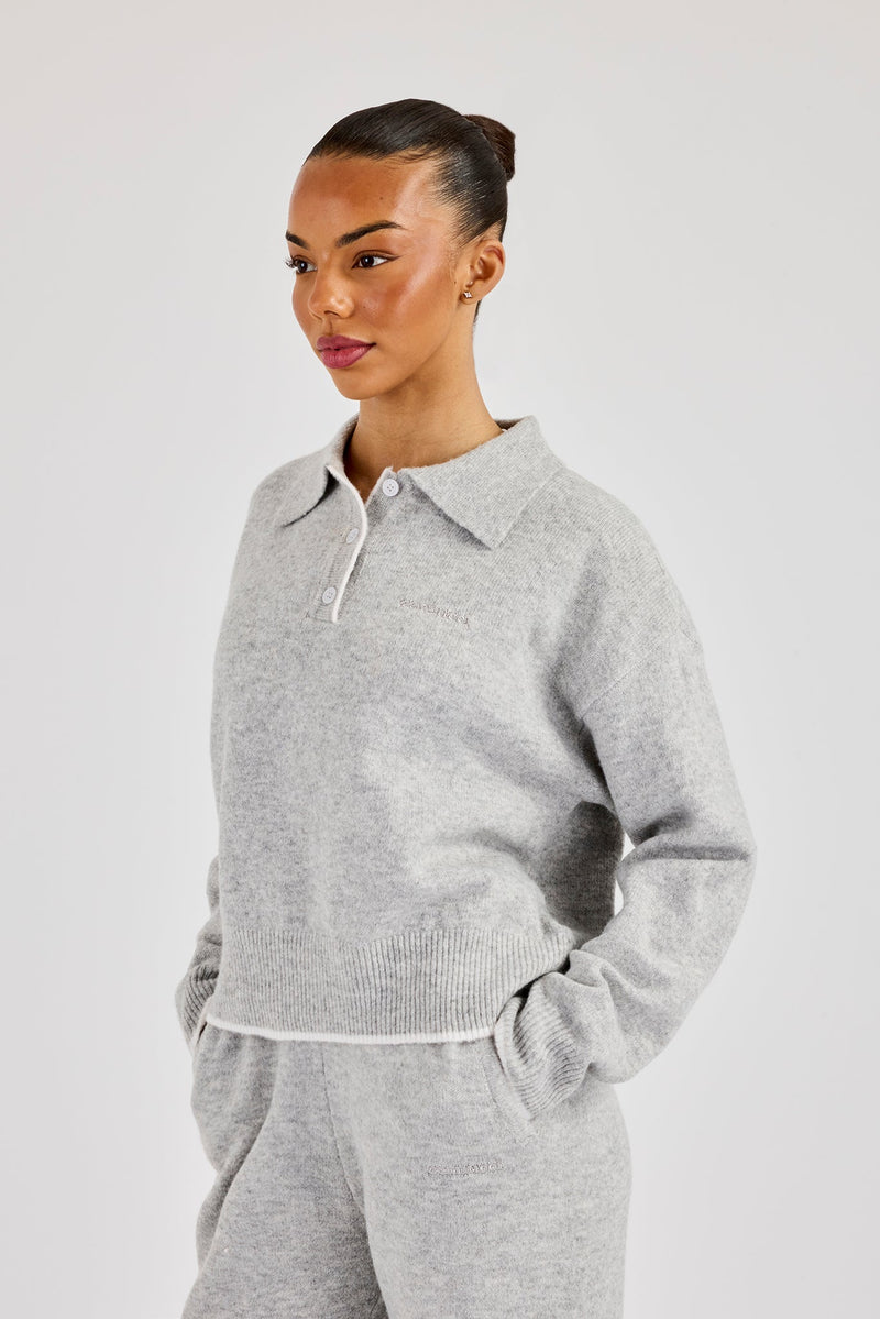 Knitted Long Sleeve Polo With Contrast Tipping - Grey