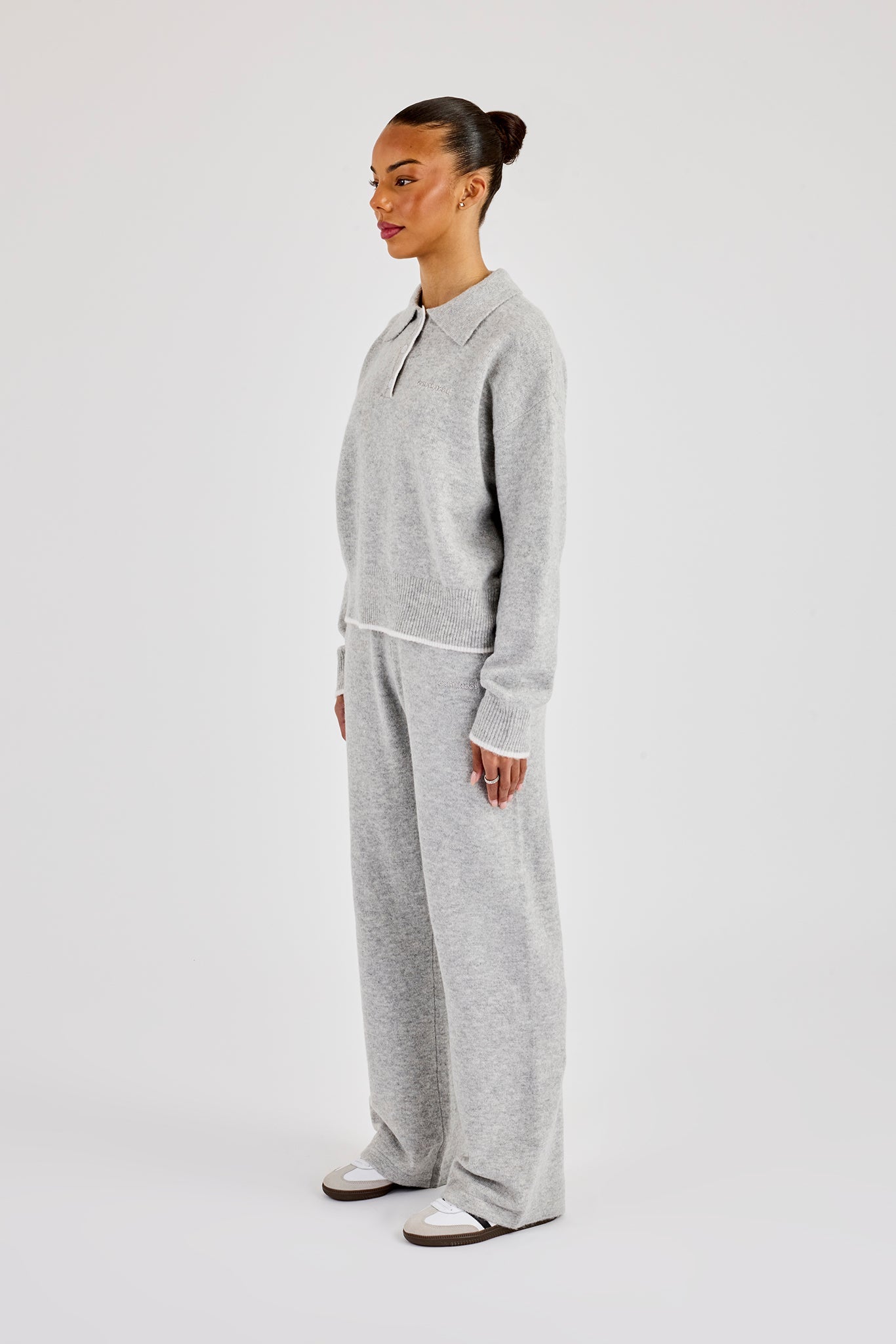 Knitted Long Sleeve Polo & Jogger With Contrast Tipping - Grey