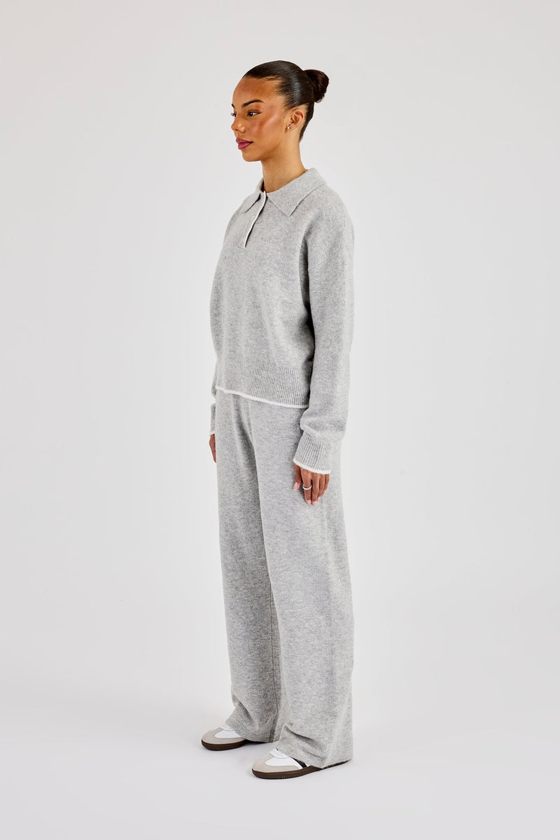 Knitted Long Sleeve Polo & Jogger With Contrast Tipping - Grey