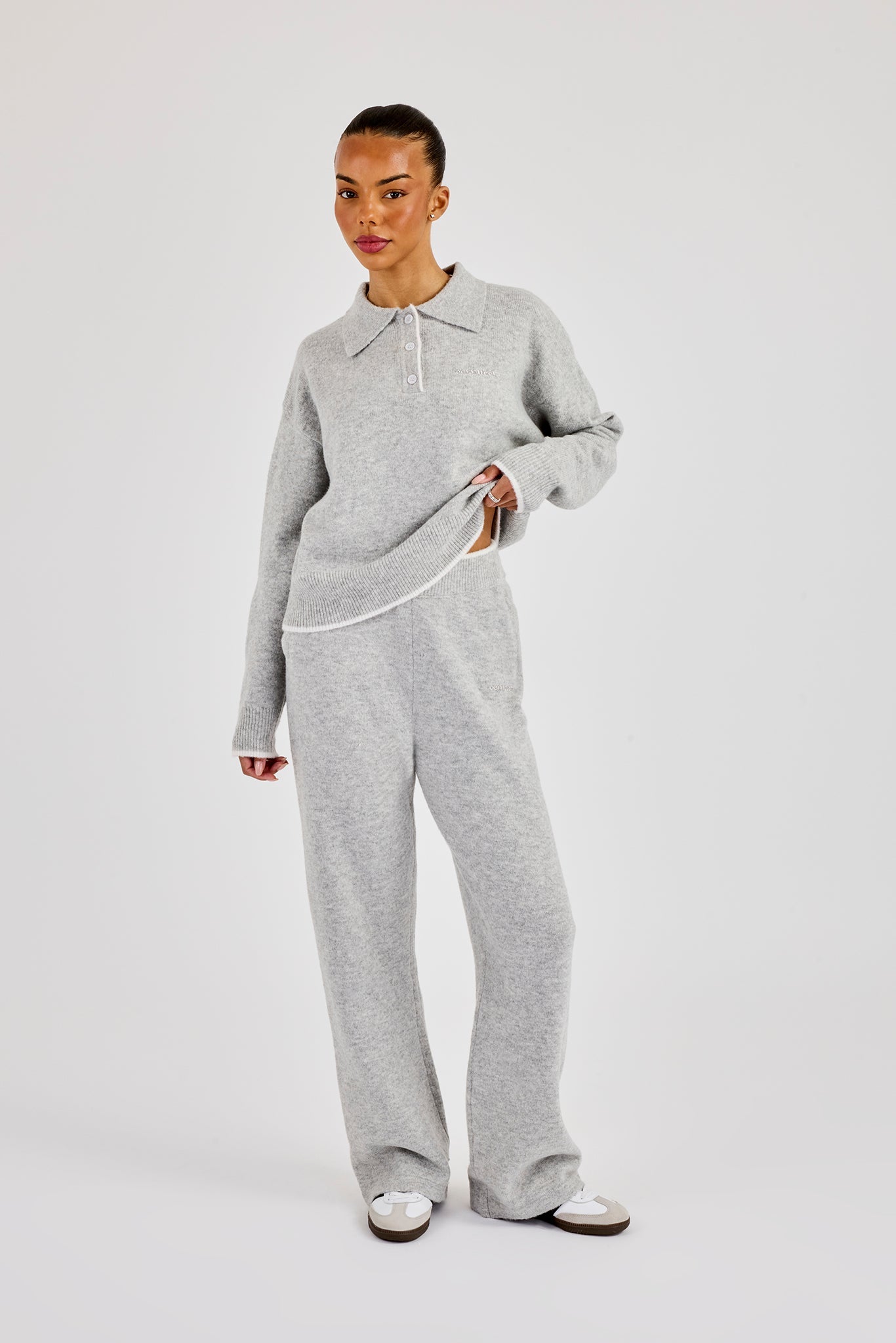 Knitted Long Sleeve Polo & Jogger With Contrast Tipping - Grey