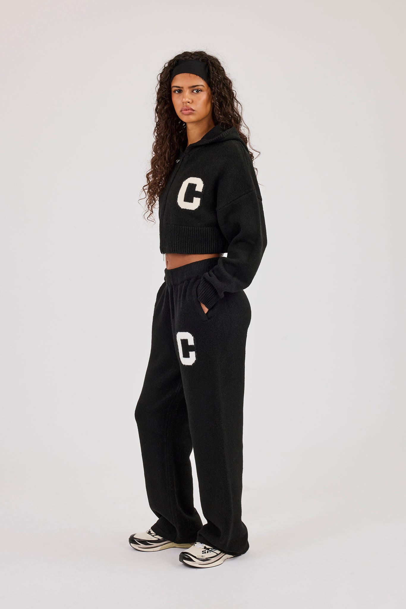 C Intarsia Cropped Zip Through Hoodie & Jogger - Black