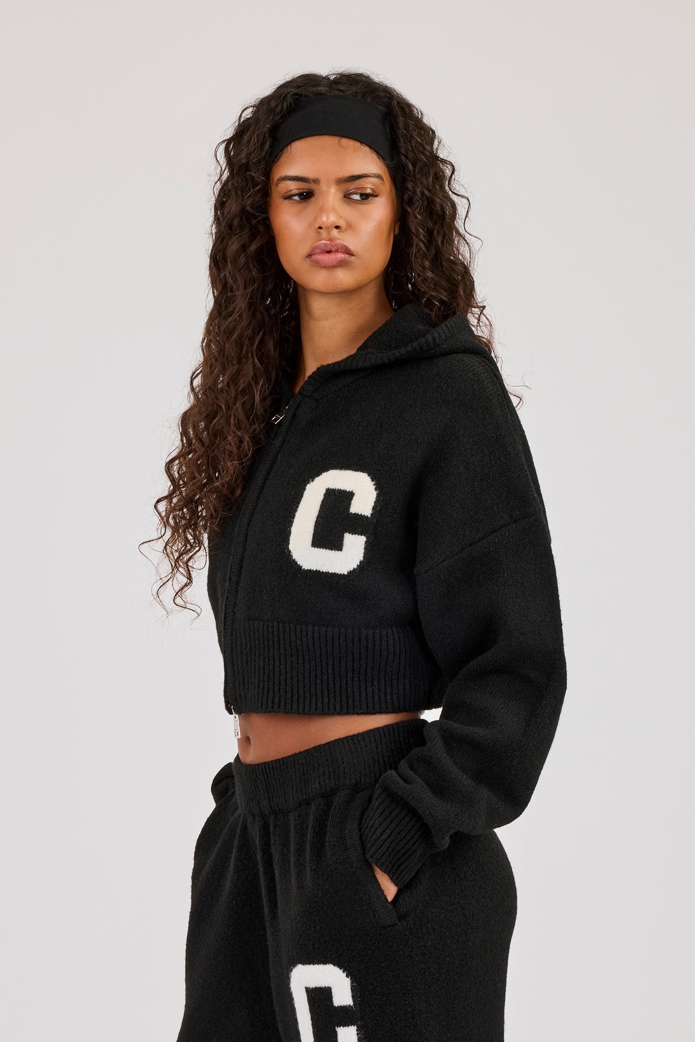 C Intarsia Cropped Zip Through Hoodie - Black