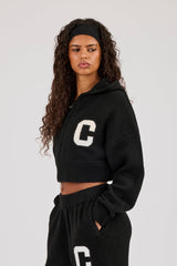 C Intarsia Cropped Zip Through Hoodie - Black