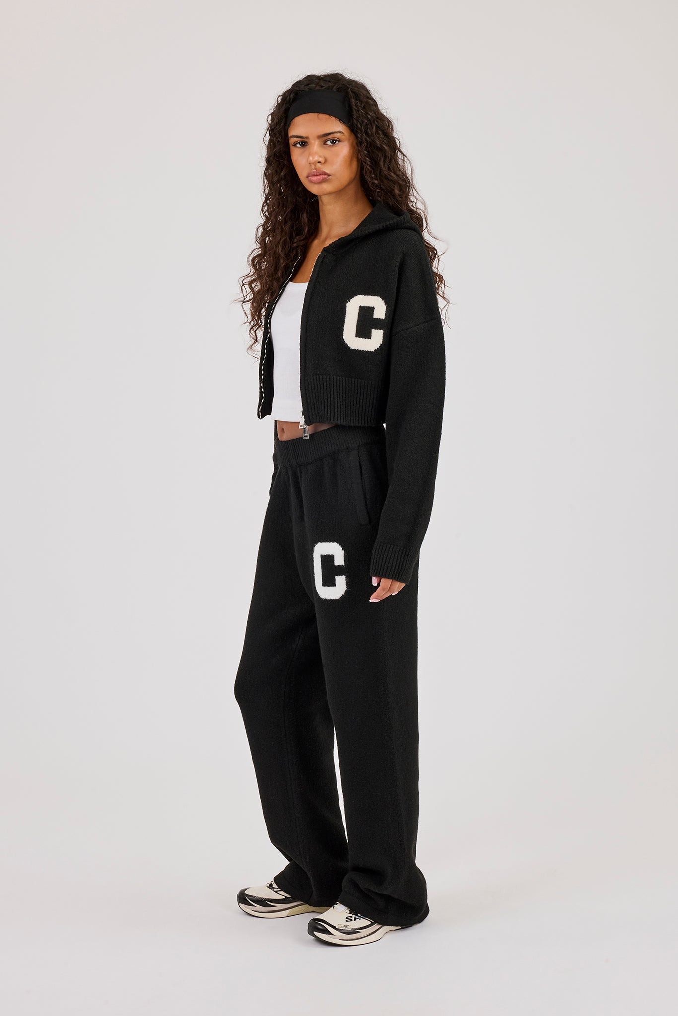 C Intarsia Cropped Zip Through Hoodie & Jogger - Black