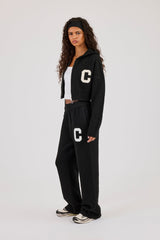 C Intarsia Cropped Zip Through Hoodie & Jogger - Black