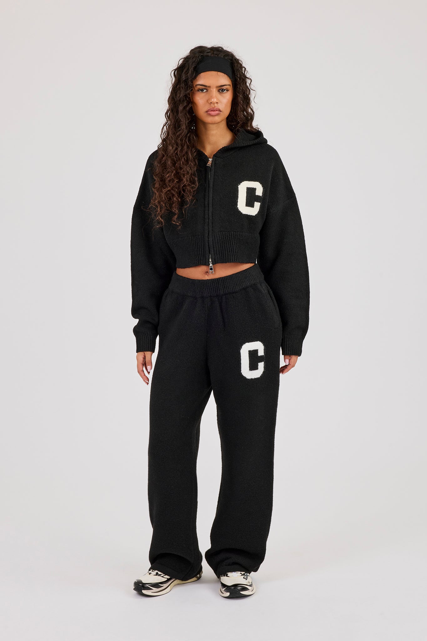 C Intarsia Cropped Zip Through Hoodie - Black