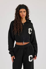 C Intarsia Cropped Zip Through Hoodie - Black