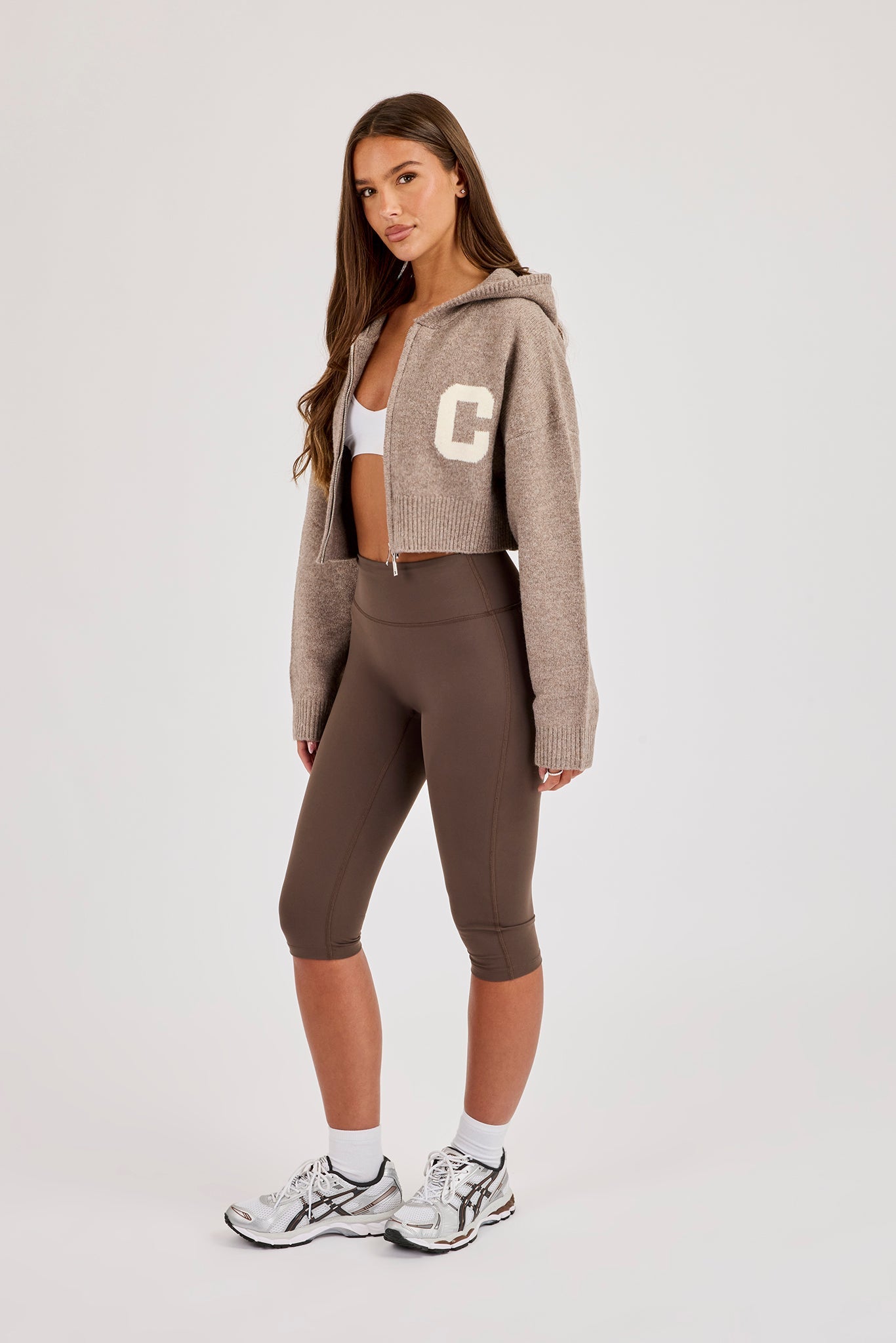 C Intarsia Cropped Zip Through Hoodie - Taupe