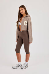 C Intarsia Cropped Zip Through Hoodie - Taupe
